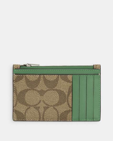 COACH®,ZIP CARD CASE IN SIGNATURE CANVAS,Black Antique Nickel/Khaki/Soft Green,Front View