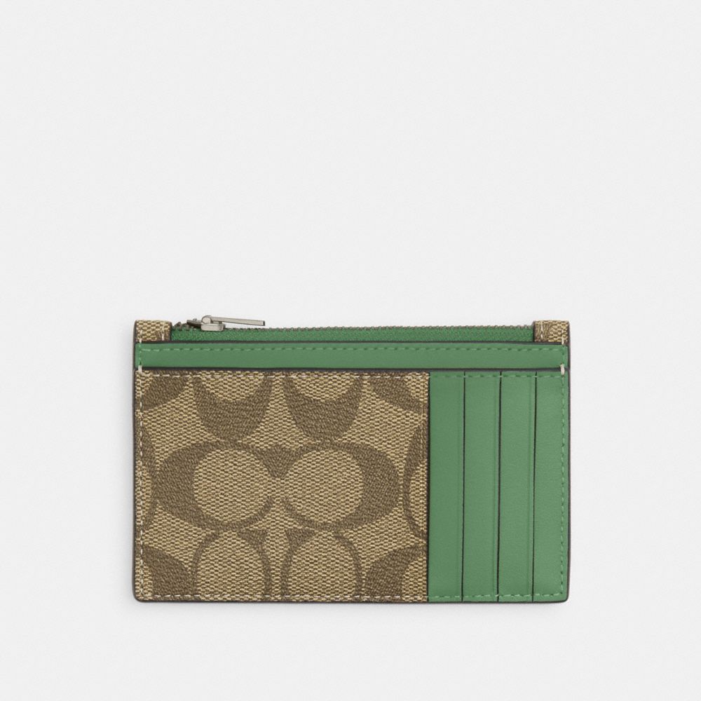 COACH®,ZIP CARD CASE IN SIGNATURE CANVAS,Signature Canvas,Black Antique Nickel/Khaki/Soft Green,Back View