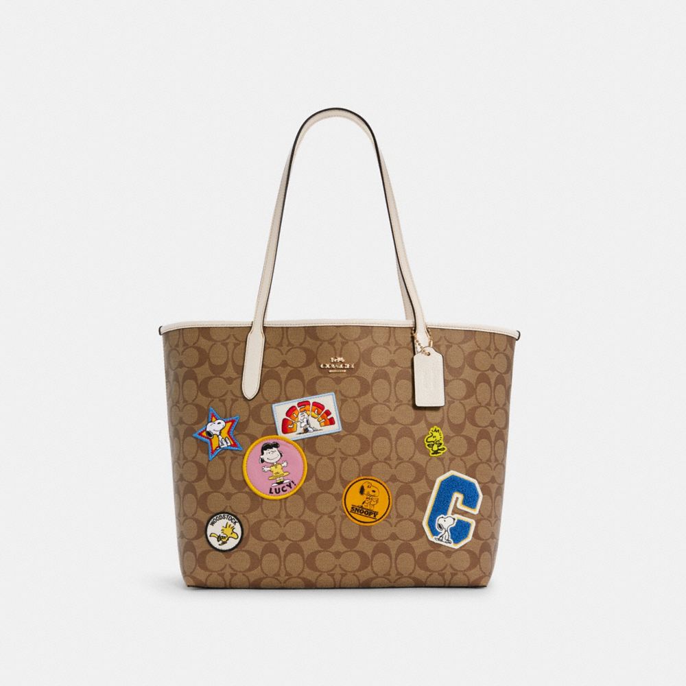 Coach X Peanuts City Tote In Signature Canvas With Varsity Patches