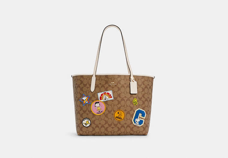 Coach X Peanuts City Tote In Signature Canvas With Varsity Patches