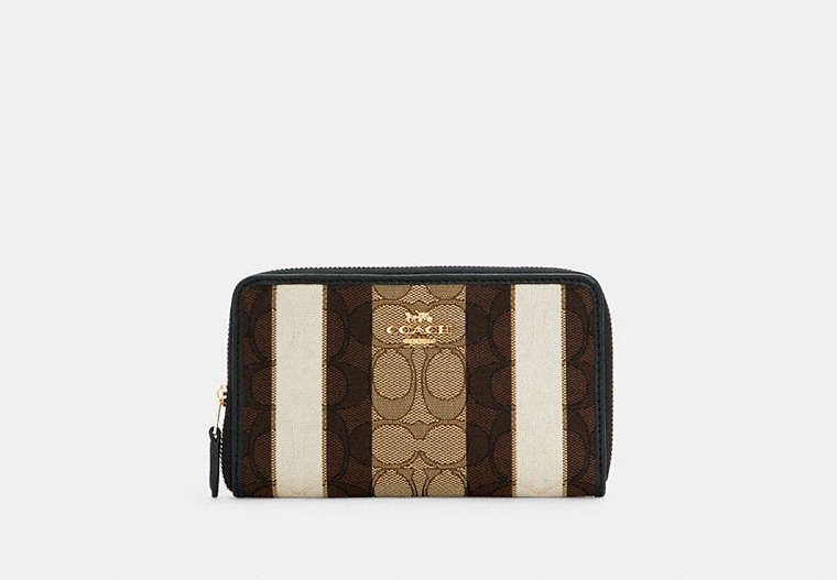 COACH®,MEDIUM ID ZIP WALLET IN SIGNATURE JACQUARD WITH STRIPES,Jacquard,Gold/Khaki Black Multi,Front View