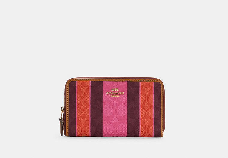 COACH®,MEDIUM ID ZIP WALLET IN SIGNATURE JACQUARD WITH STRIPES,Jacquard,Gold/Pink/Burgundy Multi,Front View