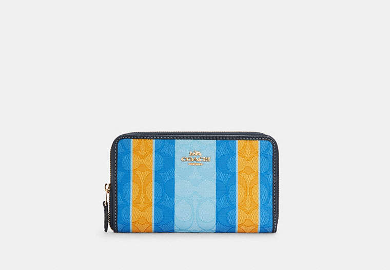COACH®,MEDIUM ID ZIP WALLET IN SIGNATURE JACQUARD WITH STRIPES,Jacquard,Gold/Blue/Yellow Multi,Front View