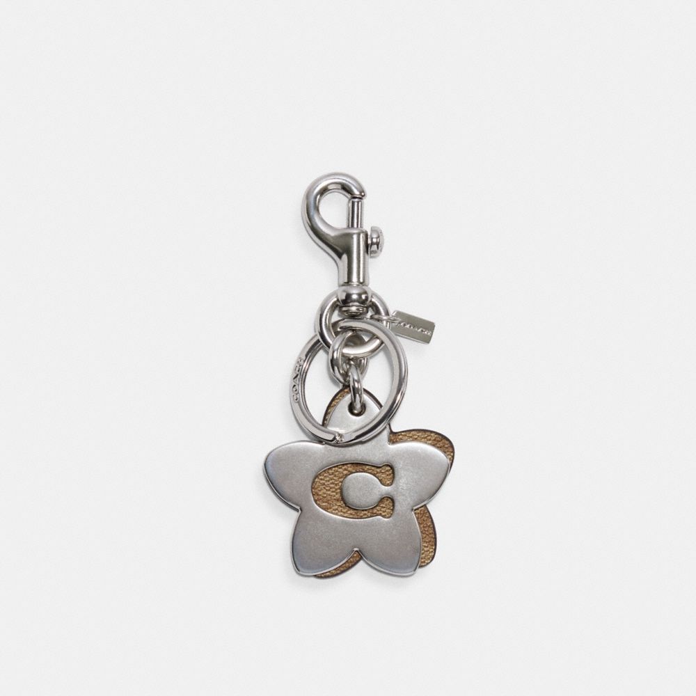 COACH®,WILDFLOWER BAG CHARM IN SIGNATURE CANVAS,Silver/KHAKI,Front View