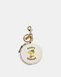 COACH®,COACH X PEANUTS CIRCULAR POUCH BAG CHARM WITH WOODSTOCK,Leather,Gold/Chalk Multi,Front View