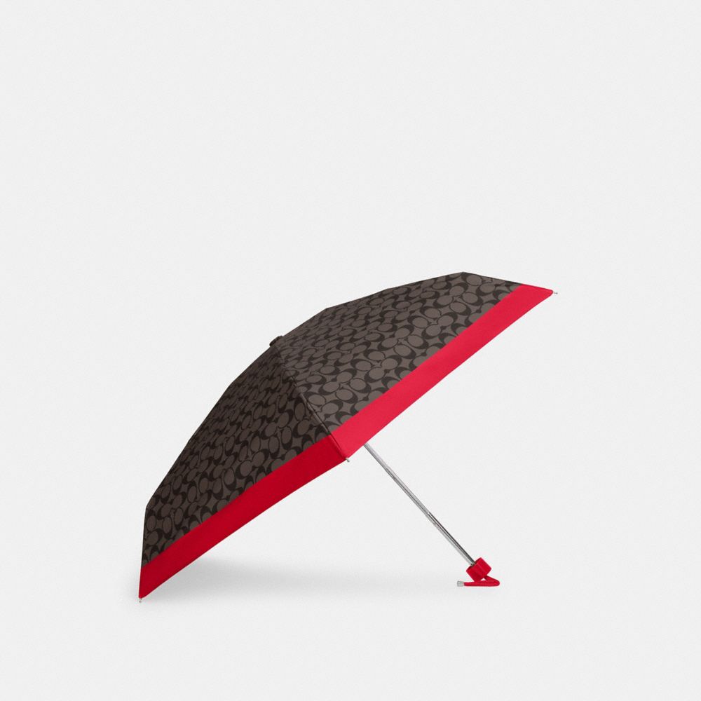 COACH®,MINI PARAPLUIE SIGNATURE À PROTECTION UV,Nylon,Argent/Brun Rouge audacieux,Front View