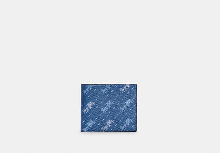 COACH®,ID BILLFOLD WALLET WITH HORSE AND CARRIAGE DOT PRINT,pvc,Gunmetal/Pale Jewel Blue,Front View