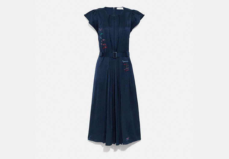 COACH®,SLEEVELESS PLEATED DRESS,Viscose,NAVY,Front View