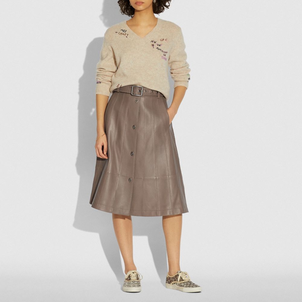 COACH®,PANELED TRENCH SKIRT,Smooth Leather,Light Mocha,Scale View