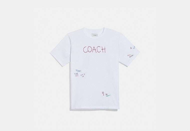 COACH®,SIGNATURE HAND DRAWING T-SHIRT,Organic Cotton,Optic White,Front View