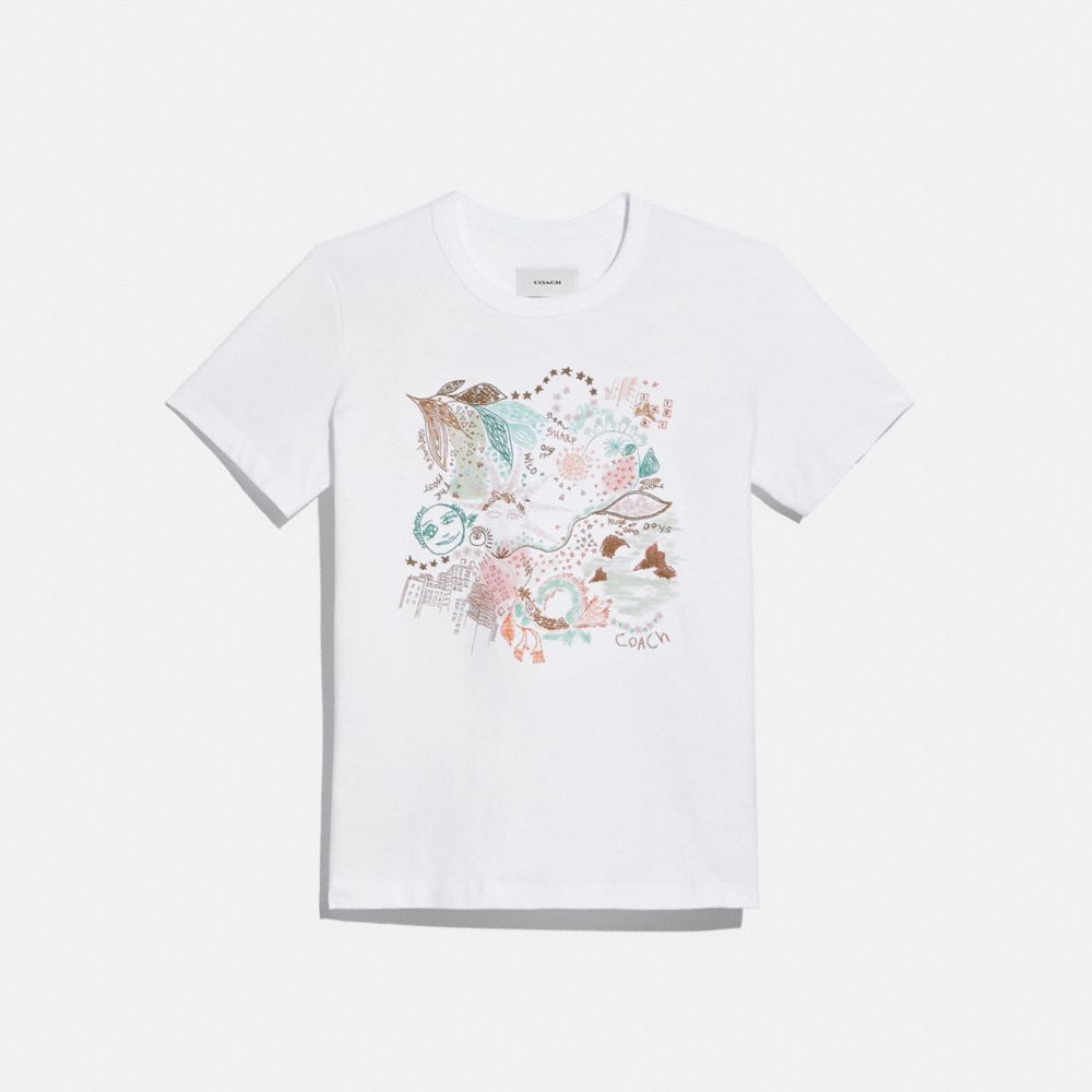 COACH®,DOODLE DREAM T-SHIRT IN ORGANIC COTTON,Organic Cotton,Optic White,Front View