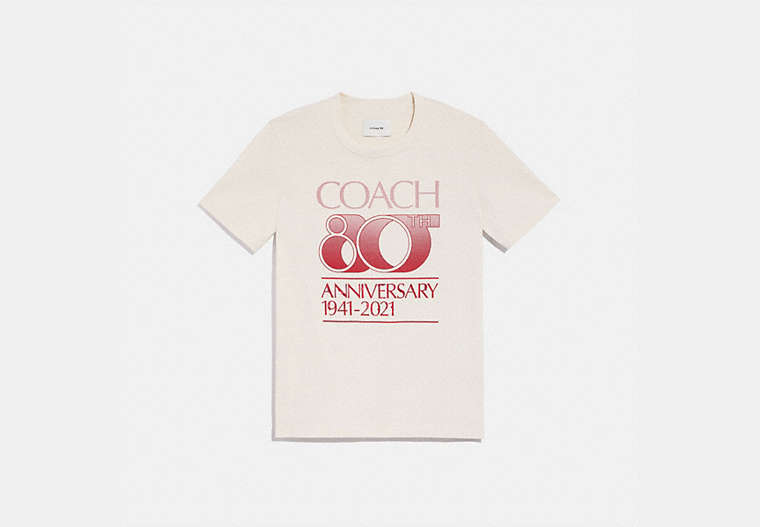 COACH®,COACH 80th ANNIVERSARY T-SHIRT IN ORGANIC COTTON,cotton,Antique White,Front View image number 0