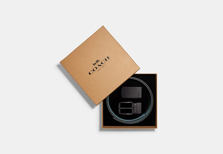 COACH®,BOXED PLAQUE AND HARNESS BUCKLE CUT-TO-SIZE REVERSIBLE BELT, 38MM,Leather,Small,Gunmetal/Jewel Blue Marine,Front View