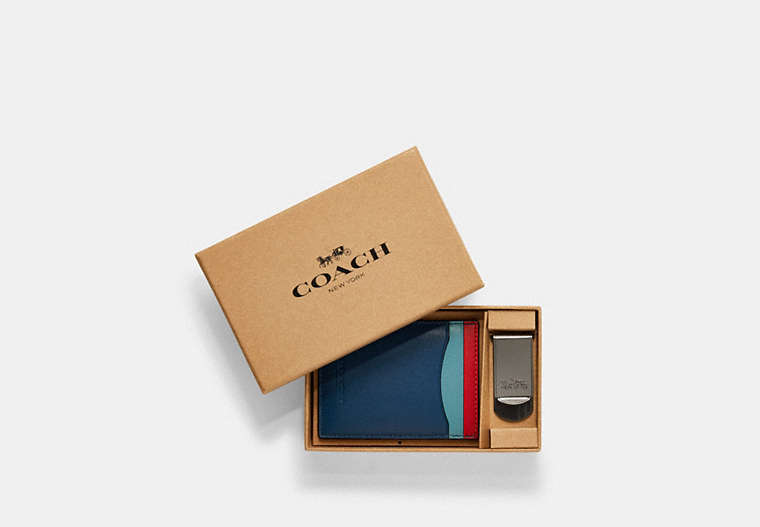 COACH®,BOXED 3-IN-1 CARD CASE GIFT SET IN COLORBLOCK,Gunmetal/Jewel Blue Multi,Front View