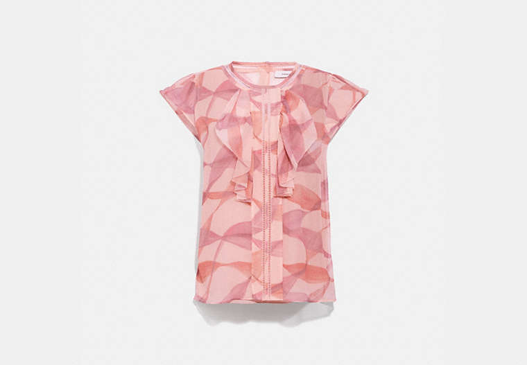 COACH®,PRINTED RUFFLE BLOUSE,Silk,PINK/CORAL,Front View
