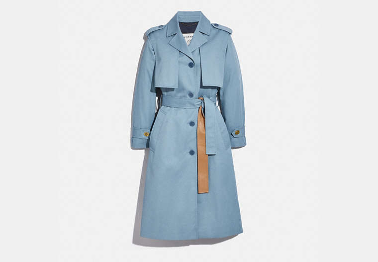 COACH®,MINIMAL TRENCH COAT,Cotton/Polyester,PALE BLUE,Front View