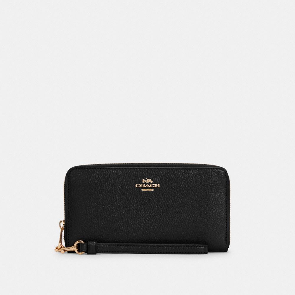 COACH®,PORTEFEUILLE ZIP-CONTOUR LONG,Cuir galet,Or/Noir,Front View