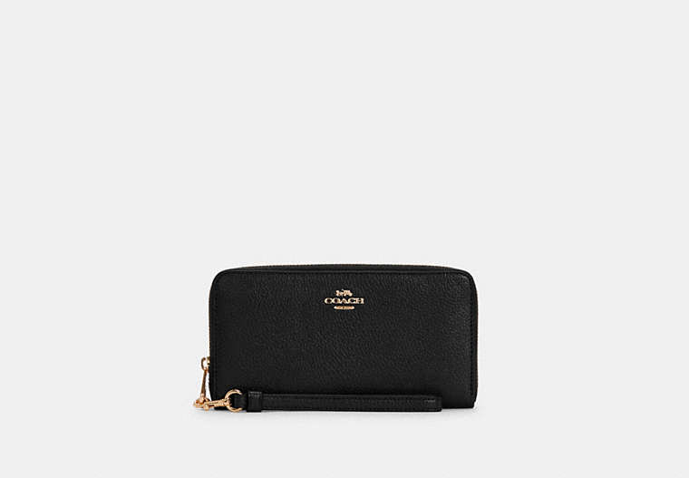 COACH®,LONG ZIP AROUND WALLET,Pebbled Leather,Gold/Black,Front View