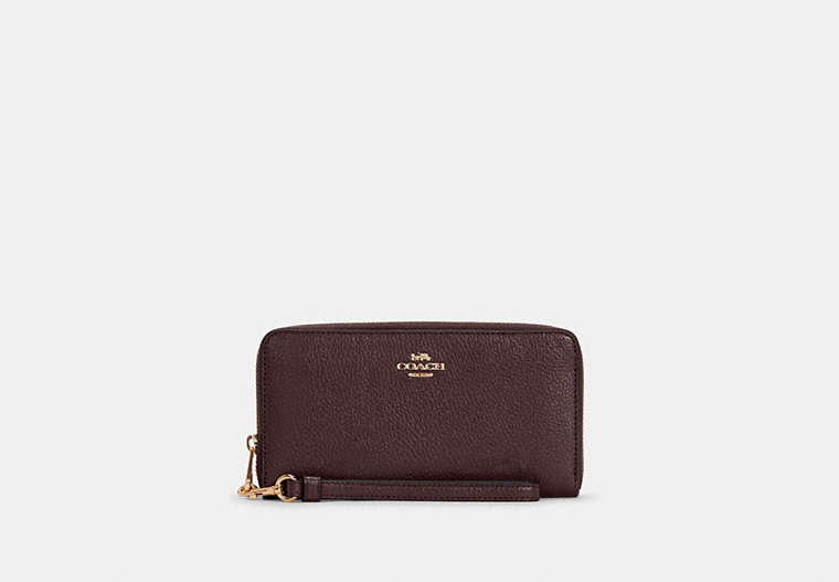 COACH®,PORTEFEUILLE ZIP-CONTOUR LONG,Cuir galet,Or/Canneberge,Front View