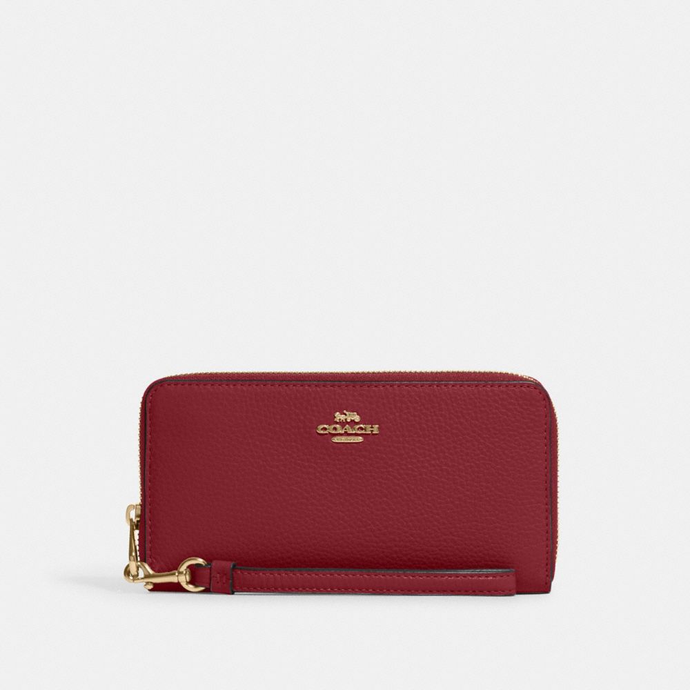 COACH®,LONG ZIP AROUND WALLET,Pebbled Leather,Mini,Gold/Cherry,Front View