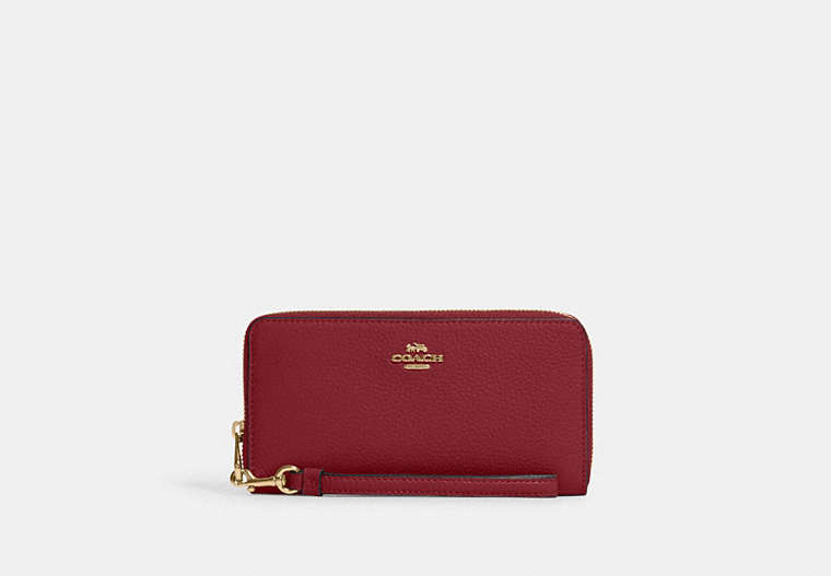 COACH®,LONG ZIP AROUND WALLET,Pebbled Leather,Mini,Gold/Cherry,Front View