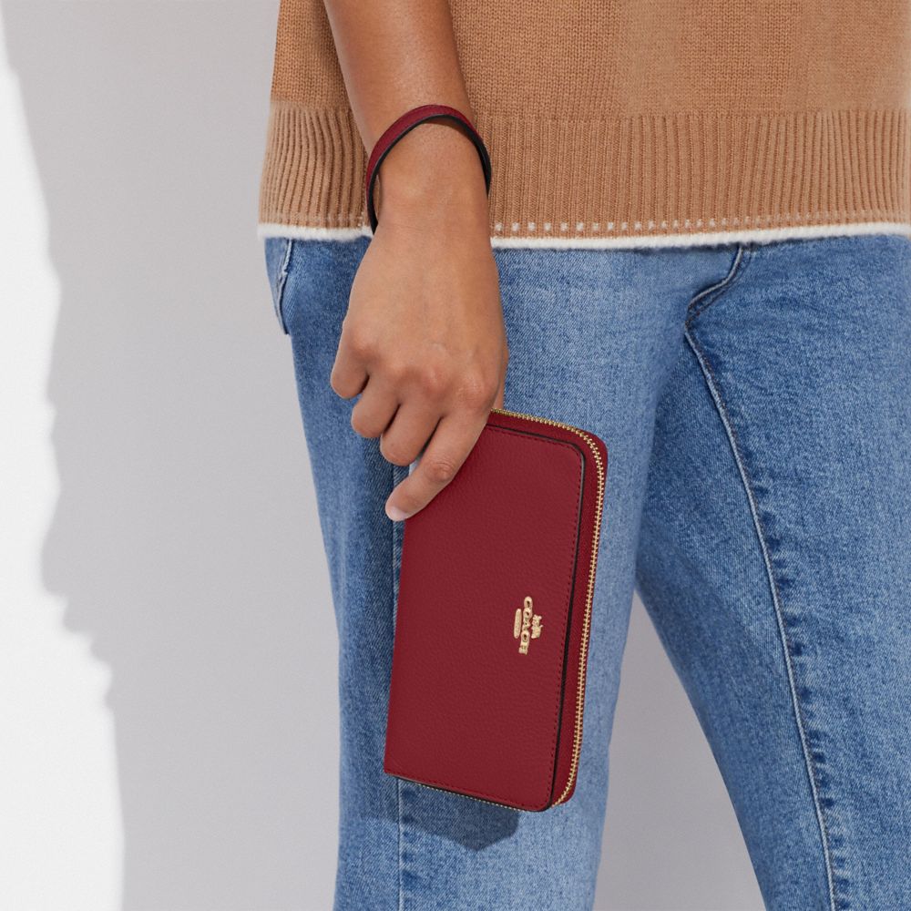 COACH®,LONG ZIP AROUND WALLET,Pebbled Leather,Mini,Gold/Cherry,Detail View
