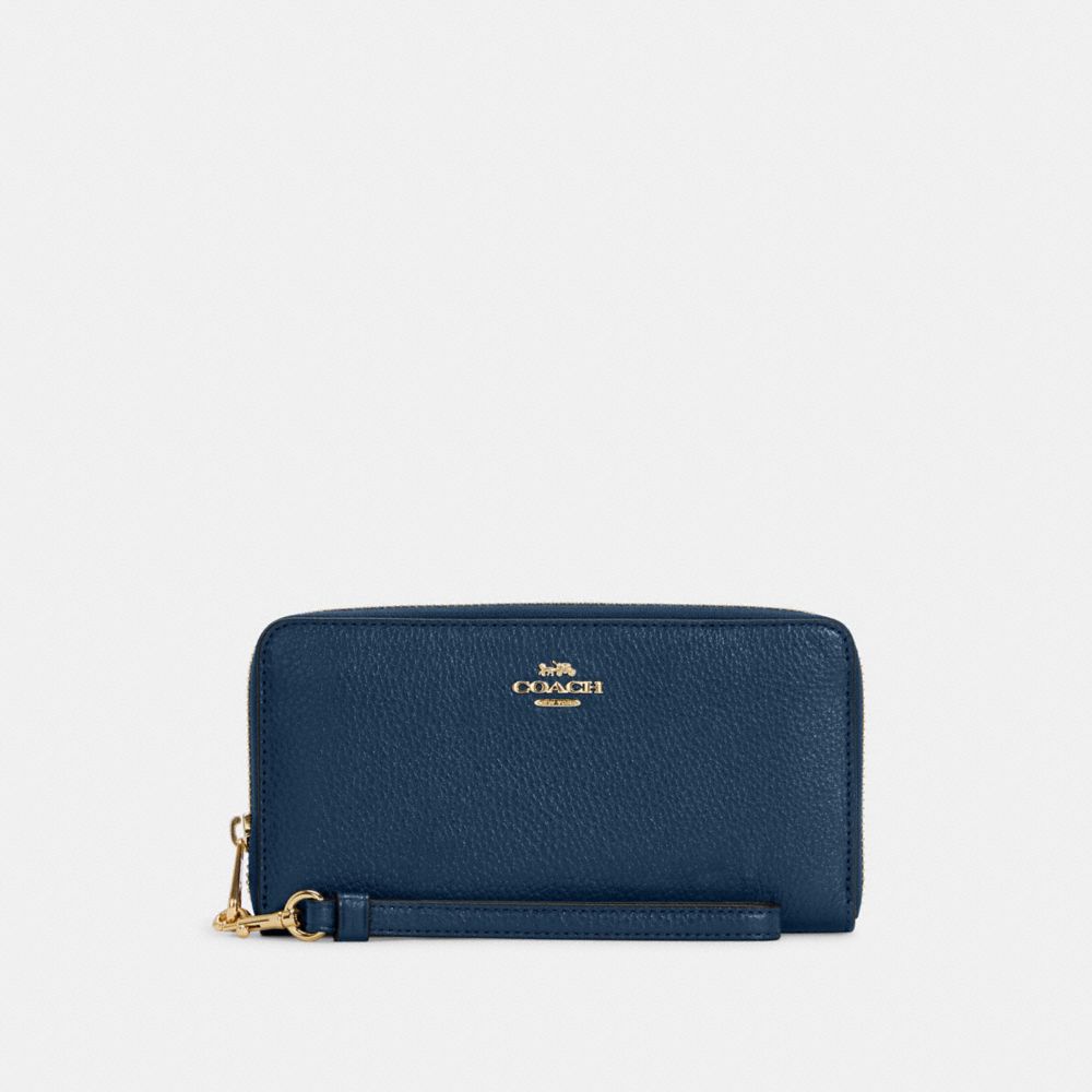 COACH®,LONG ZIP AROUND WALLET,Pebbled Leather,Mini,Gold/Denim,Front View