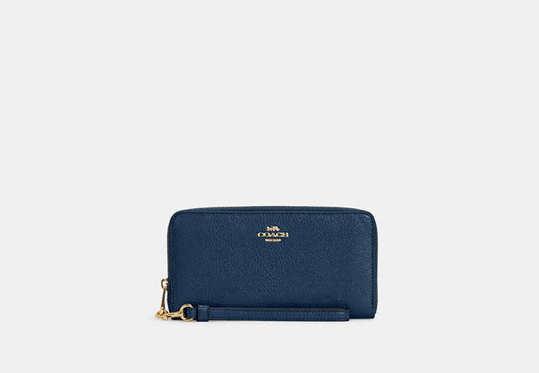 COACH®,LONG ZIP AROUND WALLET,Pebbled Leather,Mini,Gold/Denim,Front View