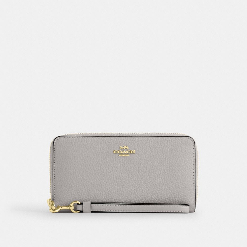 COACH®,PORTEFEUILLE ZIP-CONTOUR LONG,Cuir galet,Mini,Or/Gris Tourterelle,Front View