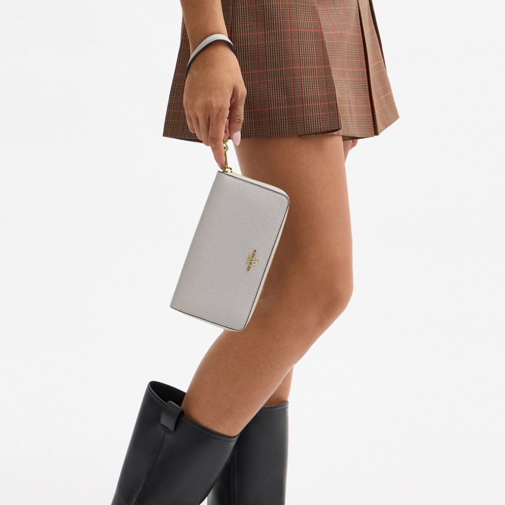 COACH®,Long Zip Around Wallet,Leather,Wristlet,Continental,Gold Metal,Casual,Gray,Detail View
