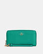 COACH®,LONG ZIP AROUND WALLET,Pebbled Leather,Mini,Gold/Green,Front View