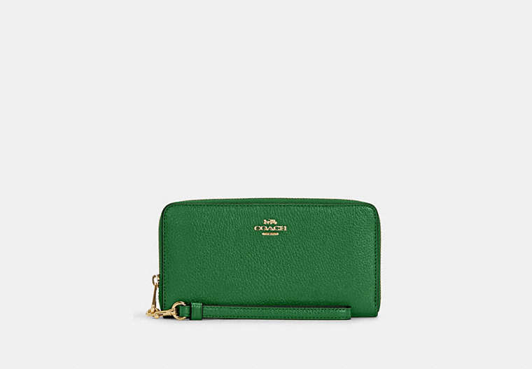 COACH®,LONG ZIP AROUND WALLET,Pebbled Leather,Mini,Gold/Kelly Green,Front View