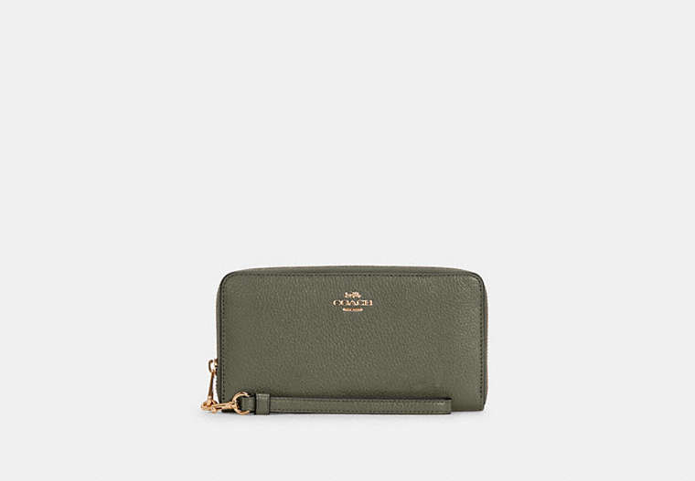 COACH®,LONG ZIP AROUND WALLET,Pebbled Leather,Mini,Gold/Military Green,Front View