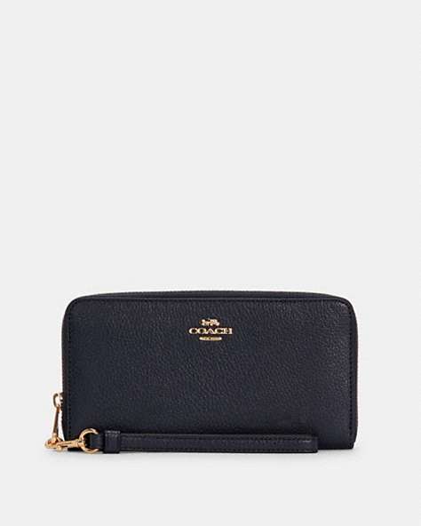 COACH®,LONG ZIP AROUND WALLET,Pebbled Leather,Mini,Gold/Midnight,Front View