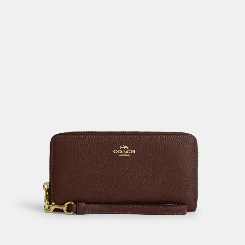 COACH®,PORTEFEUILLE ZIP-CONTOUR LONG,Cuir grainé,Or/Érable,Front View