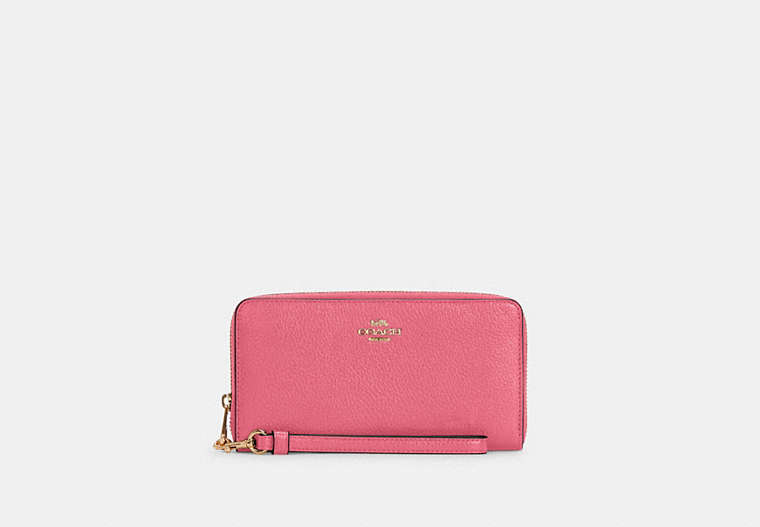 COACH®,LONG ZIP AROUND WALLET,Pebbled Leather,Mini,Gold/Confetti Pink,Front View