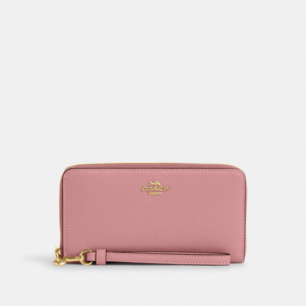 COACH®,LONG ZIP AROUND WALLET,Pebbled Leather,Mini,Gold/True Pink,Front View