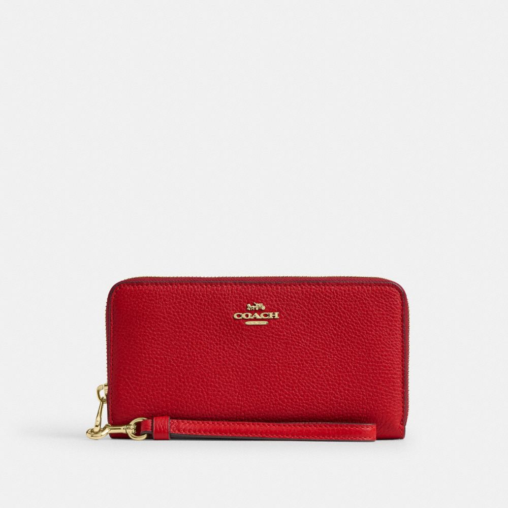 COACH®,PORTEFEUILLE ZIP-CONTOUR LONG,Cuir galet,Mini,Or/Cardinal Vif,Front View