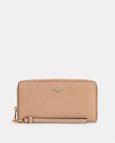 COACH®,PORTEFEUILLE ZIP-CONTOUR LONG,Cuir galet,Or/Taupe,Front View