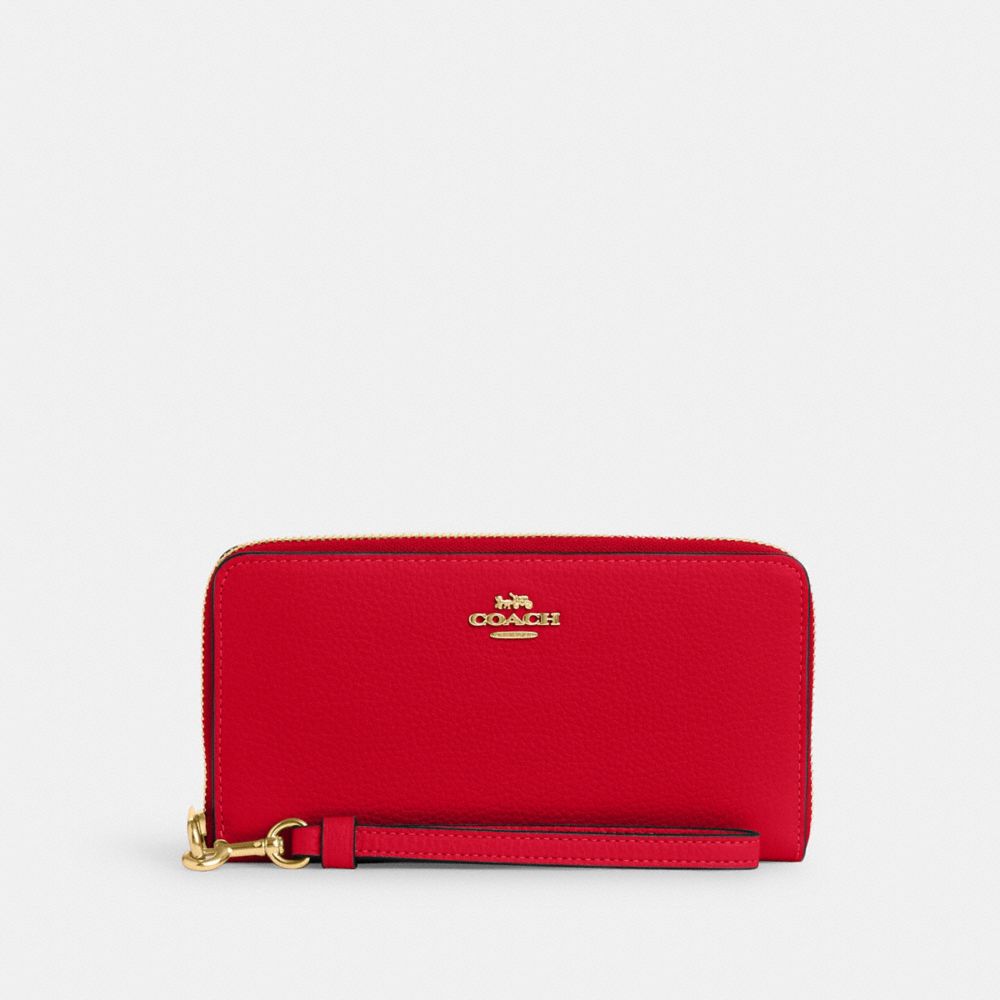 COACH®,PORTEFEUILLE ZIP-CONTOUR LONG,Cuir galet,Or/Rouge audacieux,Front View