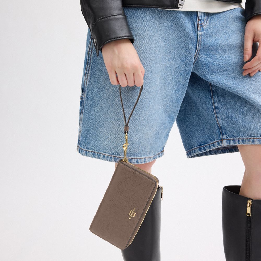 COACH®,Long Zip Around Wallet,Leather,Continental,Wristlet,Gold Metal,Casual,Brown,Detail View