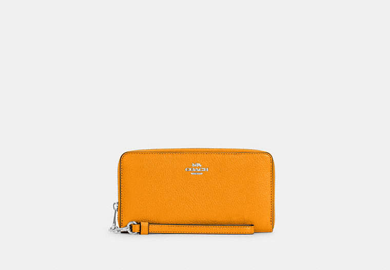 COACH®,LONG ZIP AROUND WALLET,Pebbled Leather,Mini,Silver/Papaya,Front View