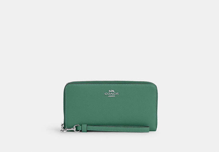COACH®,LONG ZIP AROUND WALLET,Pebbled Leather,Mini,Silver/Bright Green,Front View