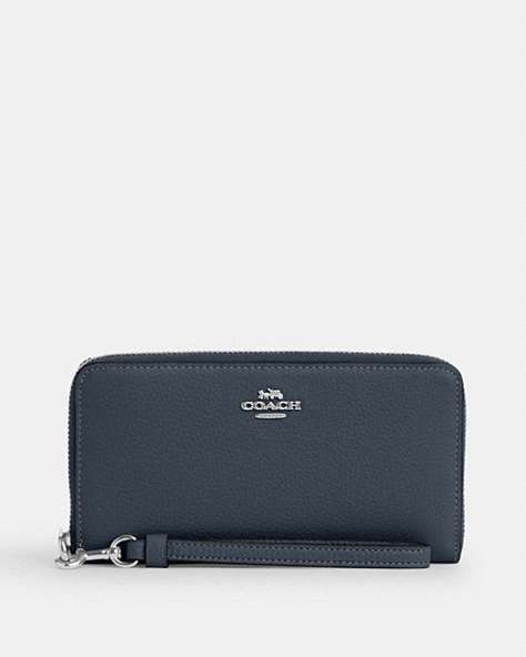COACH®,LONG ZIP AROUND WALLET,Pebbled Leather,Mini,Silver/Denim,Front View