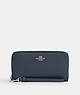 COACH®,LONG ZIP AROUND WALLET,Pebbled Leather,Mini,Silver/Denim,Front View