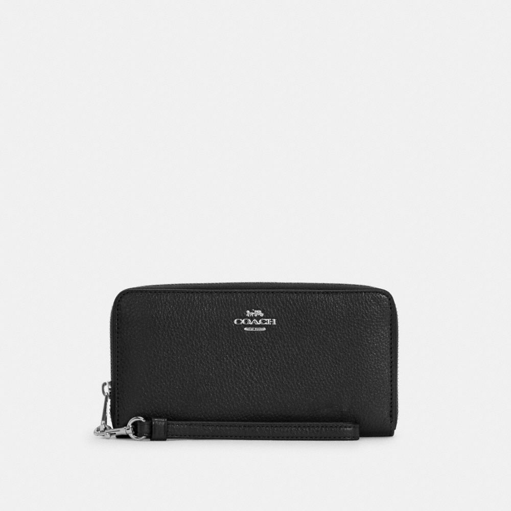 COACH®,PORTEFEUILLE ZIP-CONTOUR LONG,Cuir galet,Argent/Noir,Front View