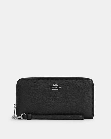 COACH®,LONG ZIP AROUND WALLET,Pebbled Leather,Mini,Silver/Black,Front View