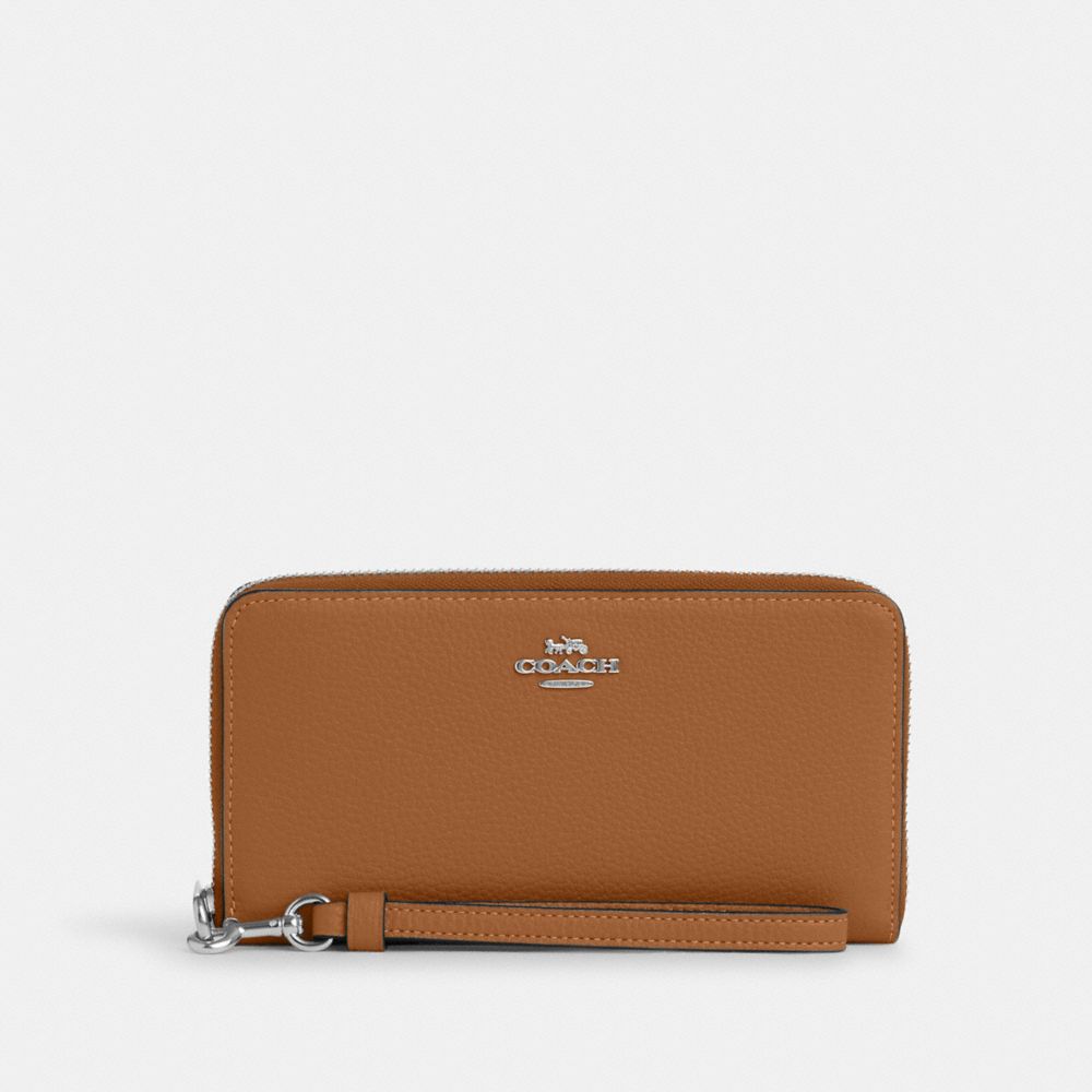 COACH®,PORTEFEUILLE ZIP-CONTOUR LONG,Cuir galet,Argent/Brun pâle,Front View