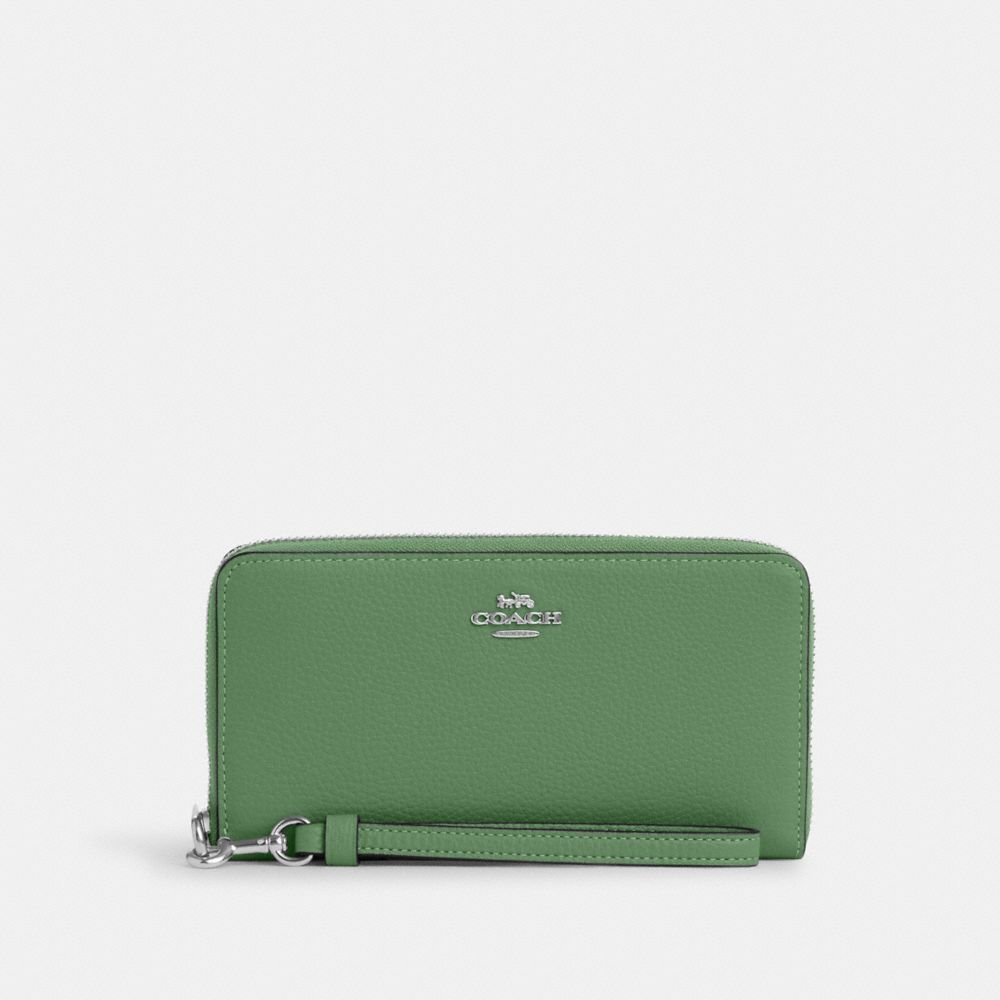 COACH®,LONG ZIP AROUND WALLET,Pebbled Leather,Mini,Silver/Soft Green,Front View