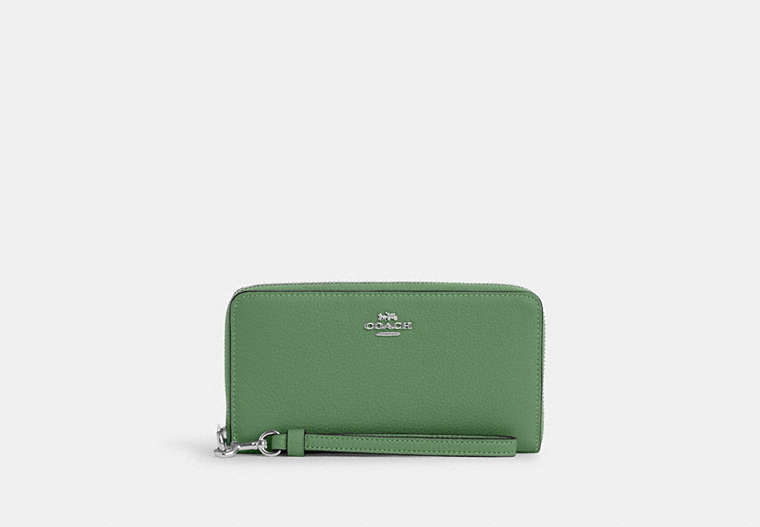 COACH®,LONG ZIP AROUND WALLET,Pebbled Leather,Mini,Silver/Soft Green,Front View